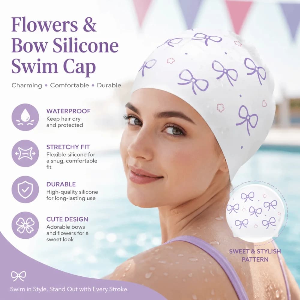 Creative Bow Print Swimming Hat Bow Pattern Funny Bathing Caps Anti Slip Comfortable Pool Headgear Pool Accessories