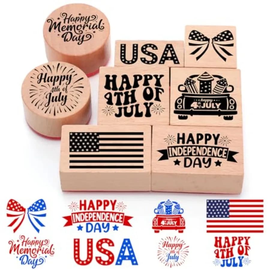 8 Pcs Rubber Stamps Set Wooden Rubber Stamps Happy 4th of July Vintage Wooden Rubber Art Stamps for Memorial Crafting and DIY S