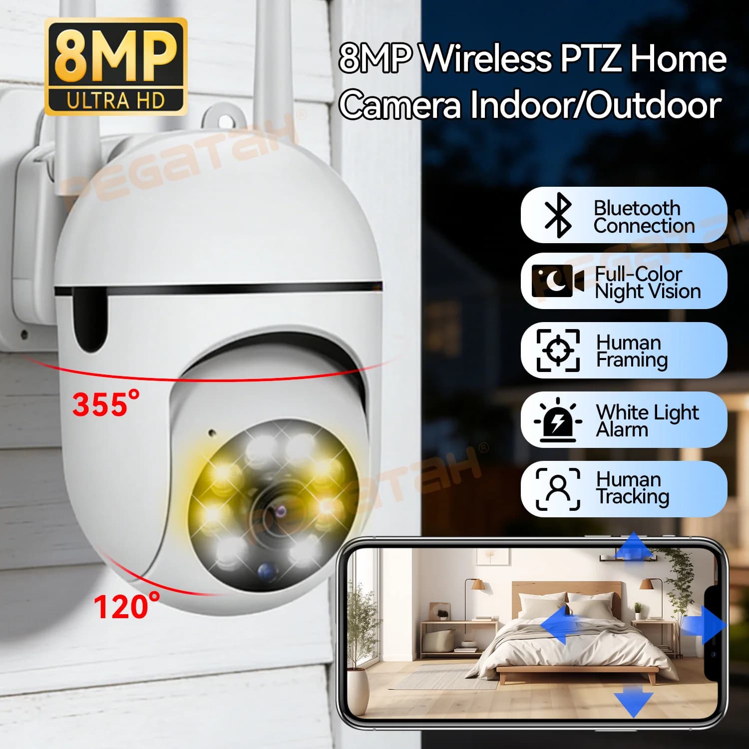 Telecamera CCTV IP Wifi da 8MP 2.4G Sorveglianza notturna a colori con tracciamento umanoide Zoom 4.0X Sicurezza domestica esterna Nessun allarme luminoso app