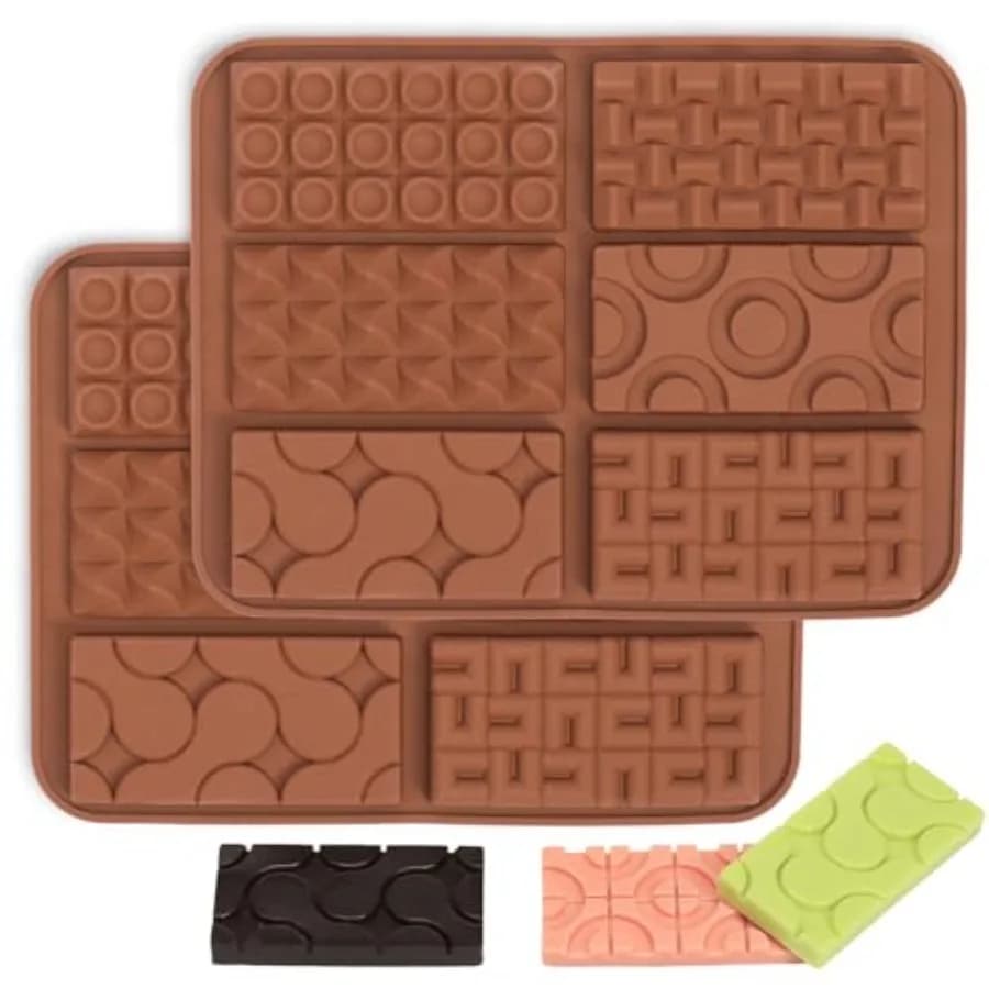 Chocolate Bar Mold Silicone with 6 Pattern, 2 Pcs 0.3-Inch-Deep Break-Apart Chocolate Molds for Homemade Protein and Energy Bar