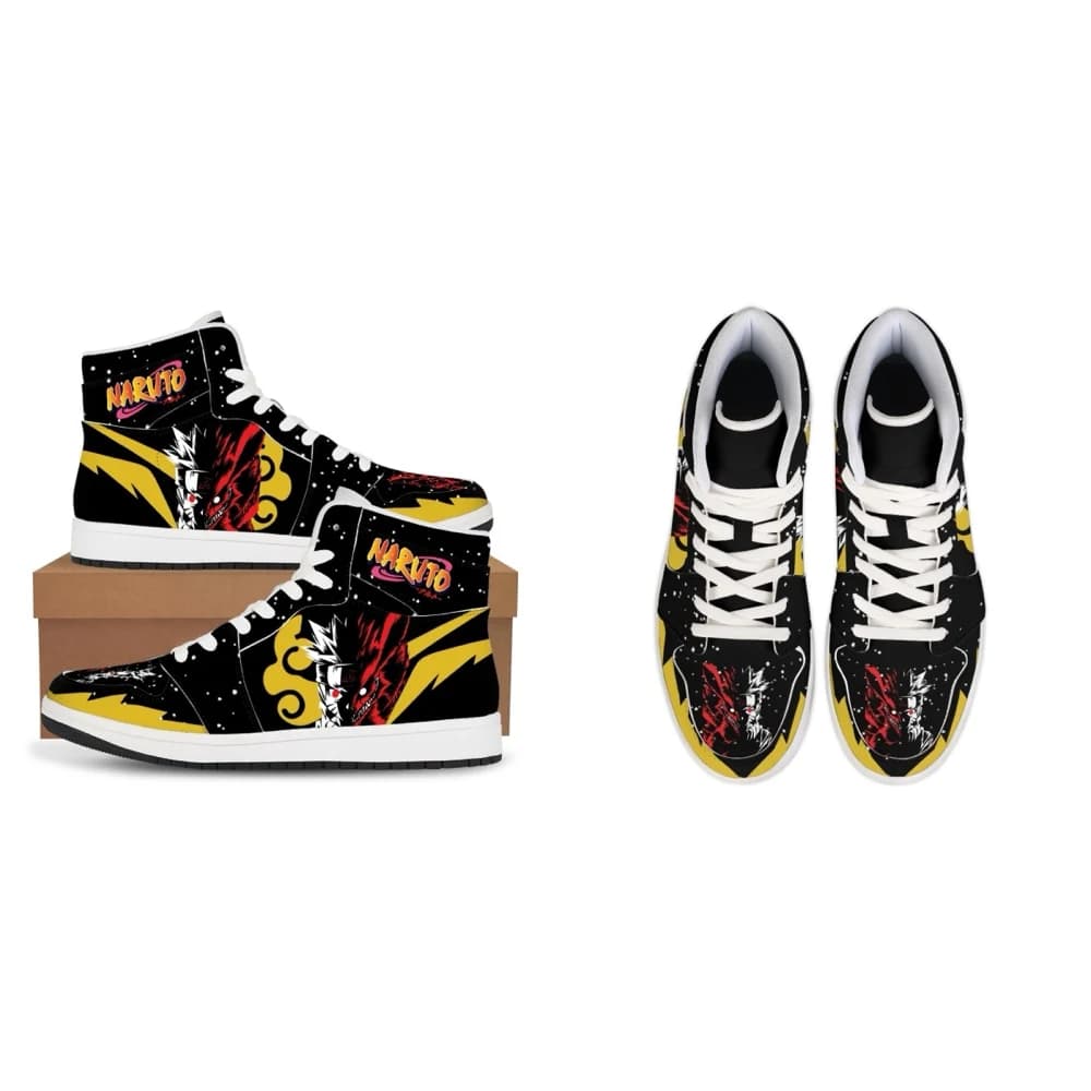 Naruto Kurama Nine Tails Full Body Demon Fox Print High Top Sneaker Shoes Brown Black Color Block Sharingan Eye Detail Anime Bas