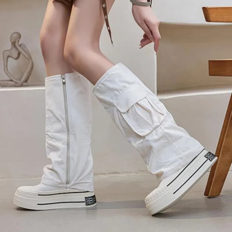 Nuovi Stivali Donna 2026 in Denim e Tela con Suola Rialzata 12CM, Stivali Trendy da Strada con Cerniera e Tasca Aperta, Platform Botas