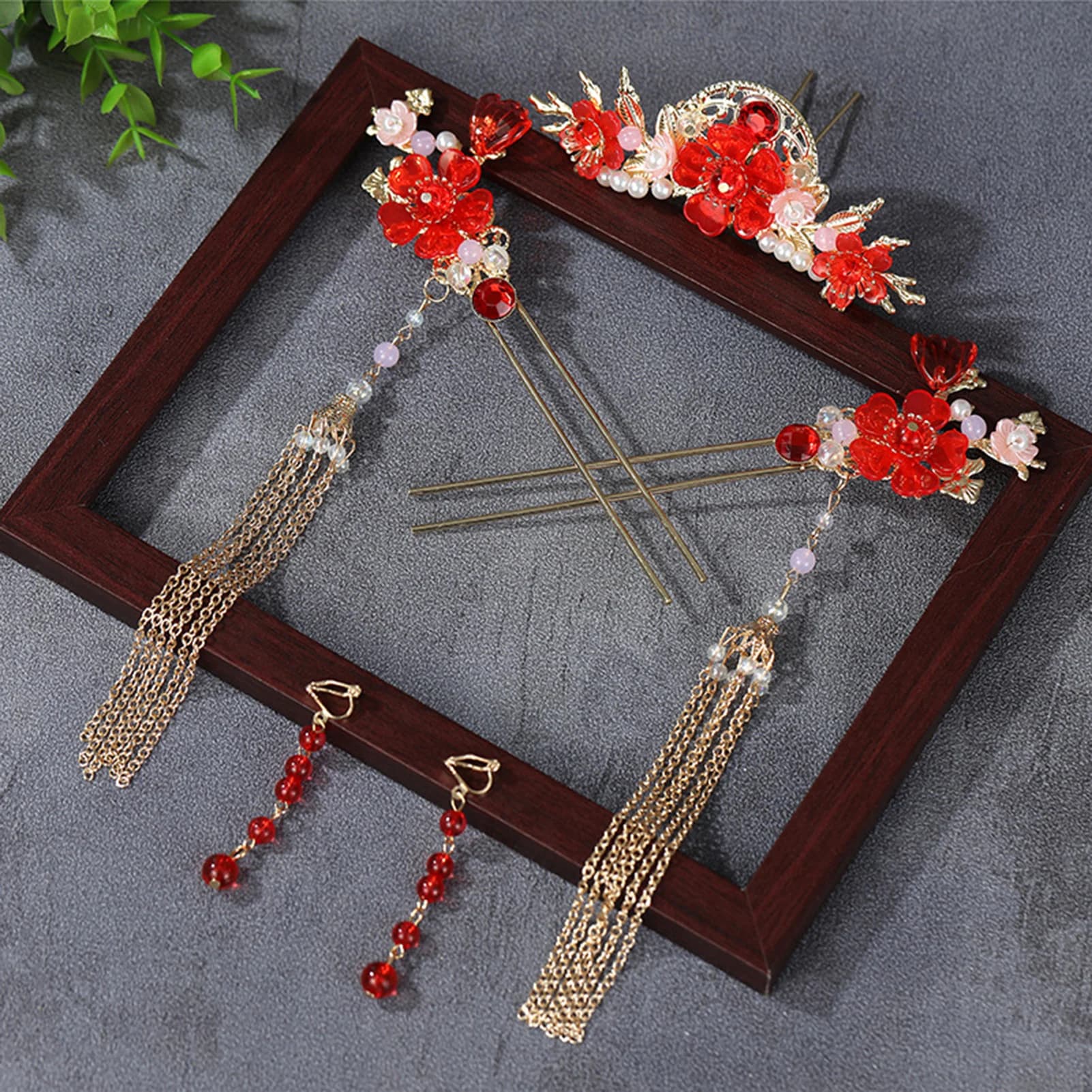 Set of antique hairpins for wedding hair, long hair clips with pearls and tassels, flower-shaped tiares, Hanfu Chinese hair accessories, jewelry