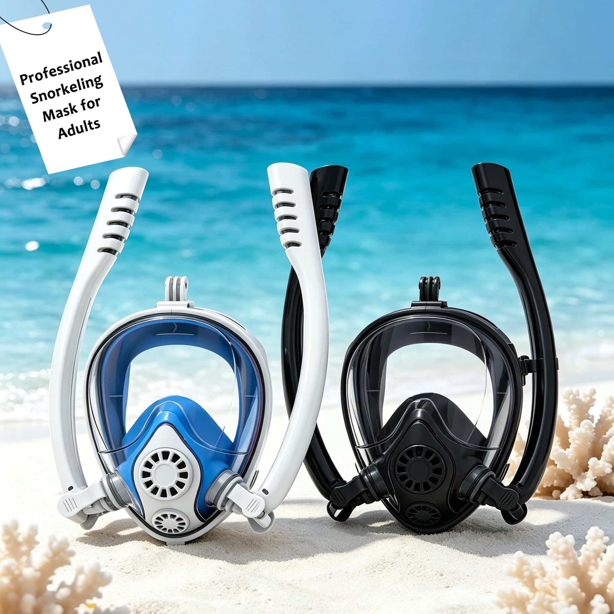 Integrated Underwater Mask, Comfortable Snorkeling Mask with Double Breathing Tube, New Safe Waist for Free Swimming and Vacations