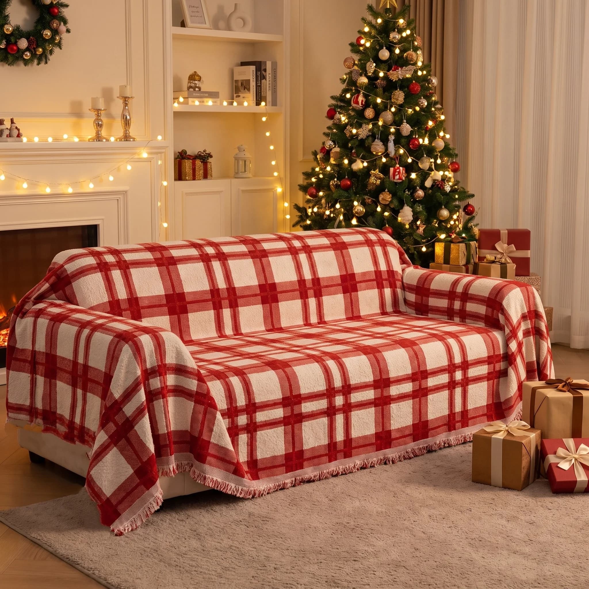 Christmas Vibe Plaid Jacquard Fluffy Chenille Sofa Cover with Tassels for Living Room Couch Furniture Protector Machine Washabl