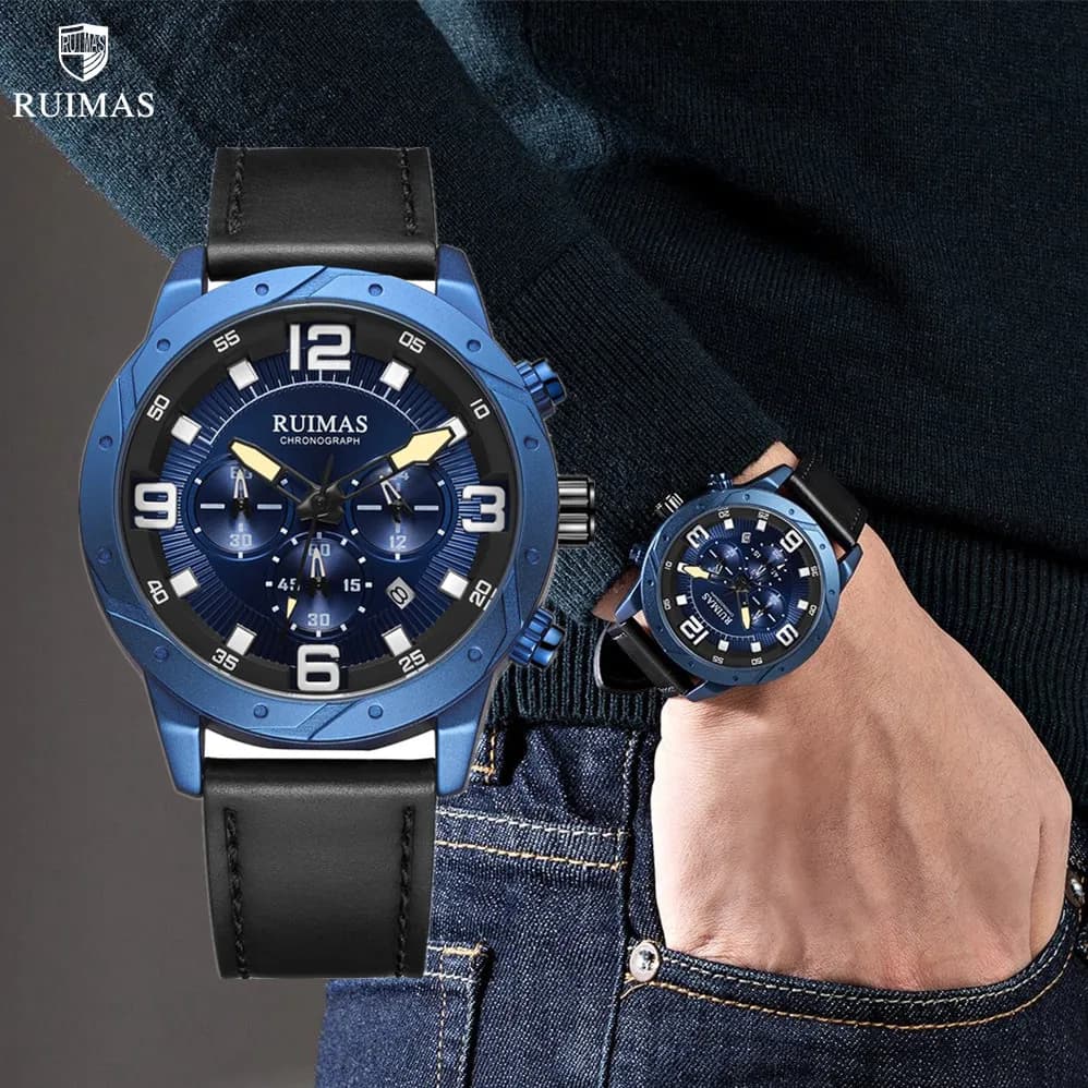 RUIMAS Relogio Masculino Quartz fashionable men's watch, leather military sports wristwatch, waterproof watch with automatic date