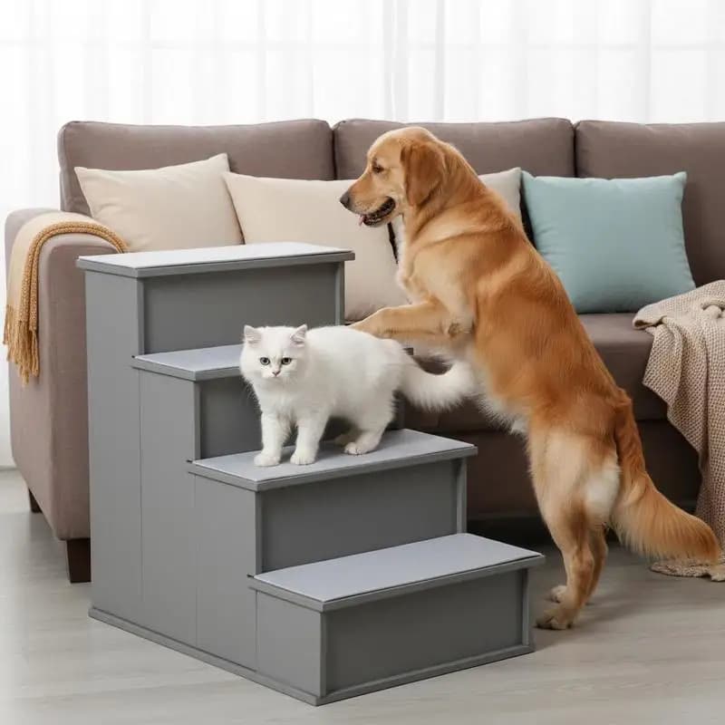 Scaletta per cani a 4 gradini in legno, scaletta per gatti per letto/divano con tappeto antiscivolo 40 x 59 x 54,2 cm, grigio