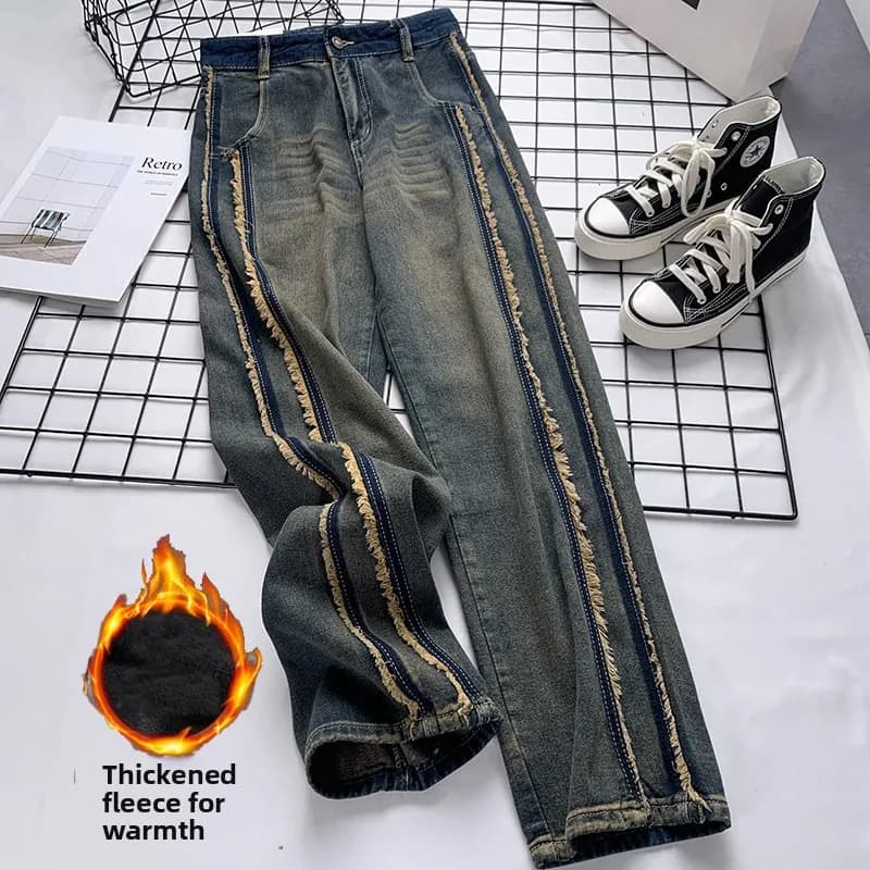 High Waist Straight Leg Wide Leg Jeans Women's Draping Slimming Autumn Winter New Splicing Frayed Long Pants Cotton Stretch D...