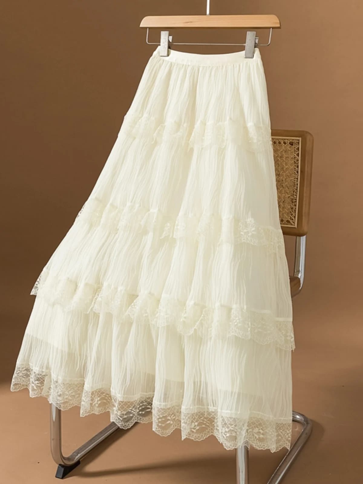 Lace Splicing Mesh A-Line Midi Skirt Women's Summer New plus Size Fairy Tale Cake Skirt High Waist Gored Skirt Korean Style