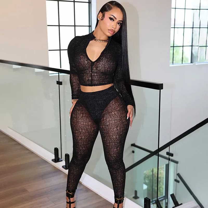 See Through Mesh 2 Piece Set Women's Matching Sets Club Wear Party Rave Long Sleeve Crop Top and Pencil Pants Ensemble Femmes