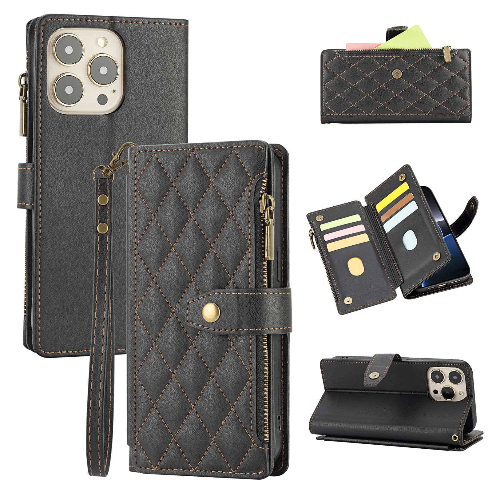 Flip Cover Protective Case for iPhone 17 Pro Max/16/15/14/13/12/11 Pro Wallet Phone Case with Card Holder, Wrist Strap, Zipper Pocket for Coins, Faux Leather Phone Cover