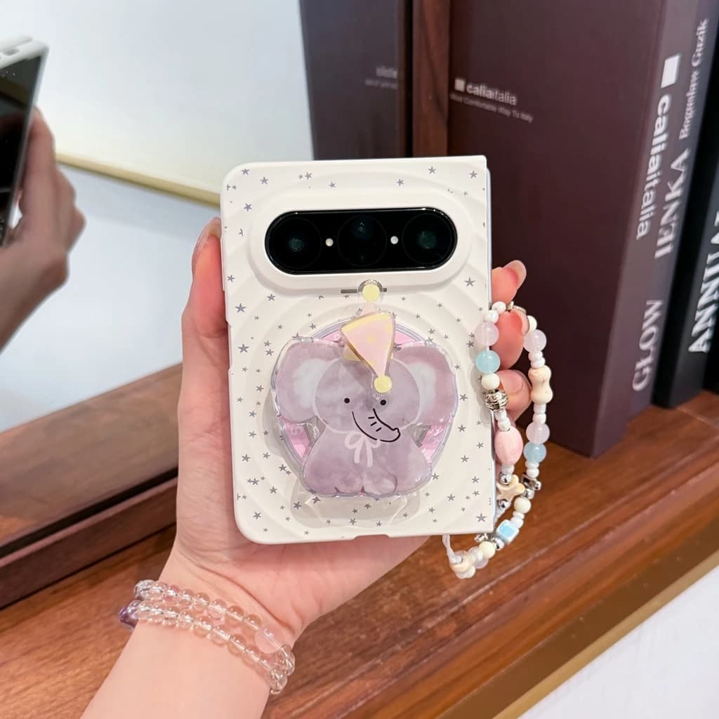 Custodia Protettiva per Huawei Pura X Max con Simpatico Elefante, Supporto Magnetico, Motivo Ondulato, Stampa a Stelle e Ciondolo a Catena con Perline
