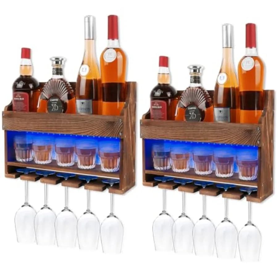 Set di 2 Portabottiglie da Parete in Legno con Luce LED, Mensola per Liquori, Porta Bicchieri da Vino, Bar Galleggiante da Parete