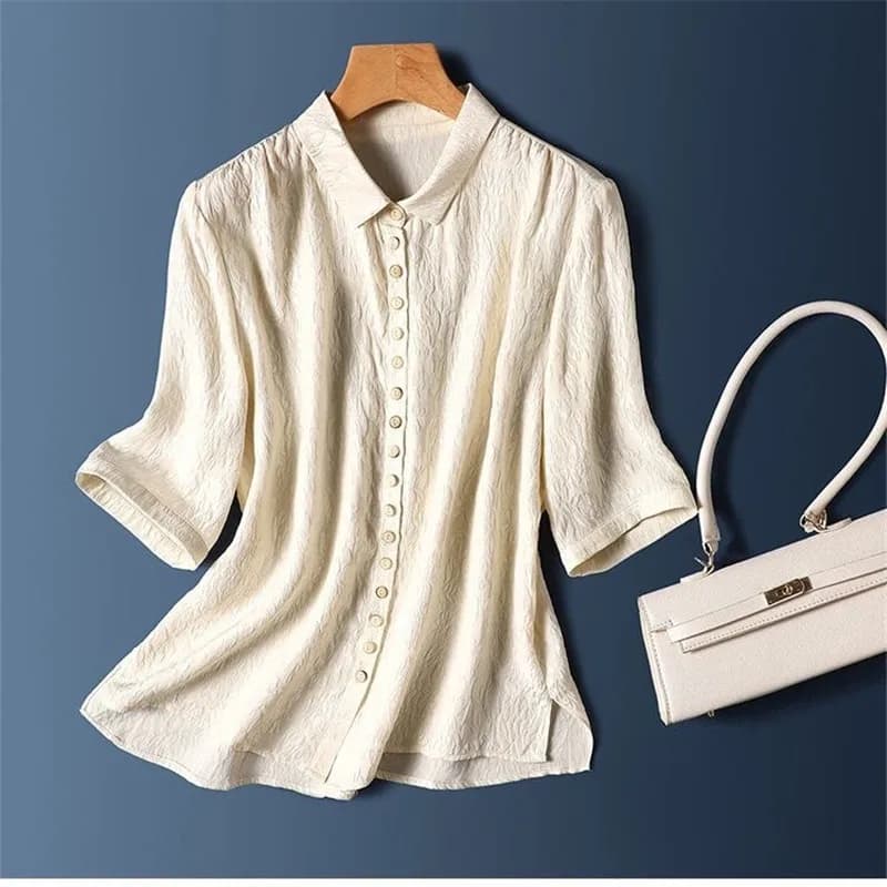 Women's Top Shirt Jacquard High-end Silk Shirts Women's Crepe Short Sleeved Single-breasted Casual Fashion Versatile