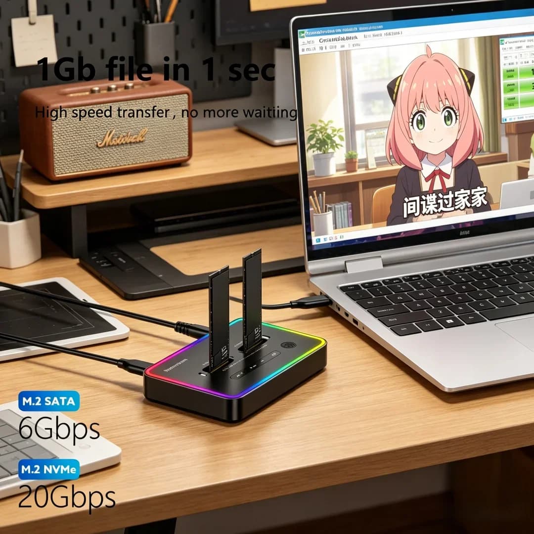 Lussuosa Docking Station SSD M.2 Dual Protocollo Offline con Case per SSD, Tipo C 10Gbps per PCIe NVMe o SATA, Enclosure SSD a 2 Bay