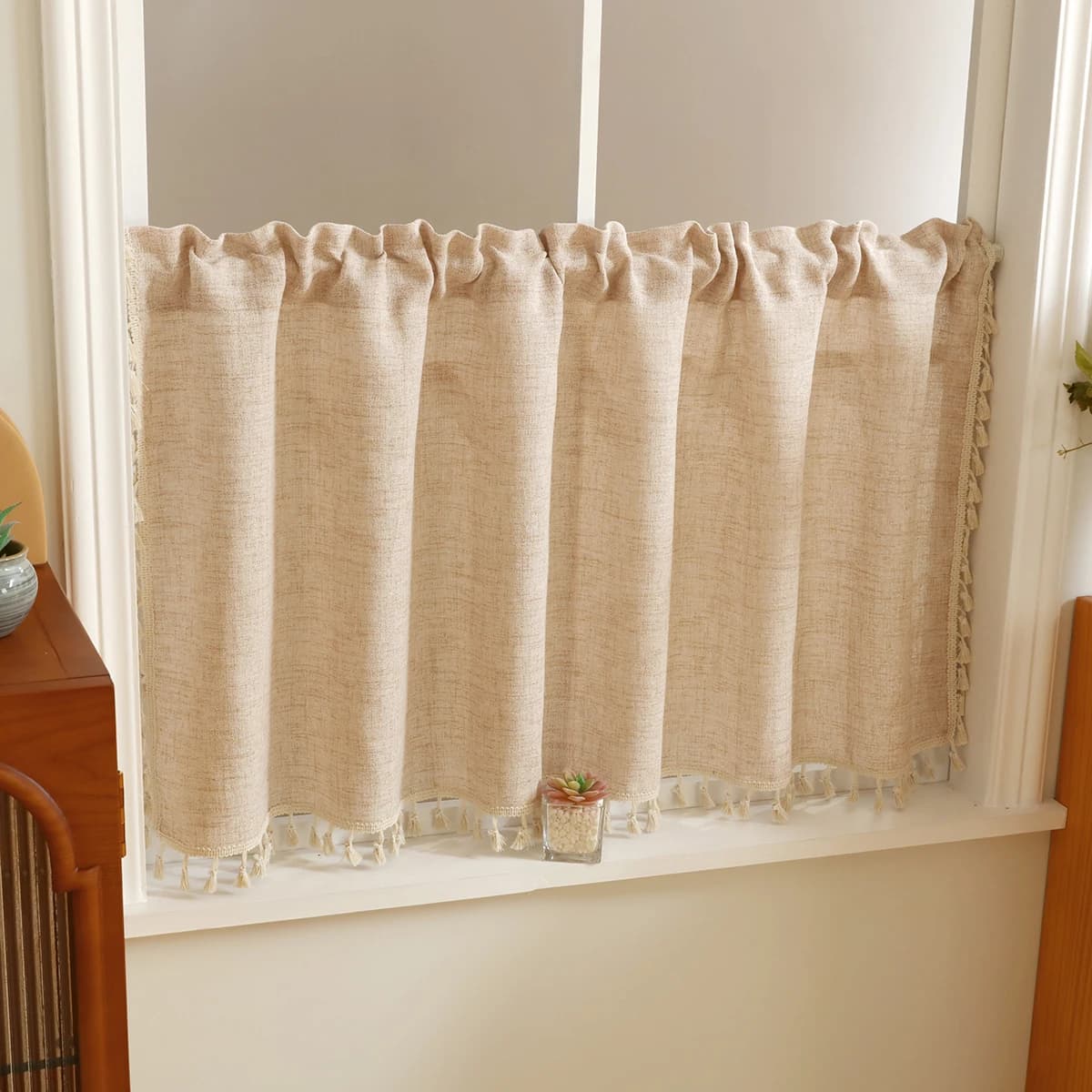 Boho Japanese style short curtain from 1 piece, pocket for rod, semi-tende for window polyester fabric with tassel, for window, door, closet