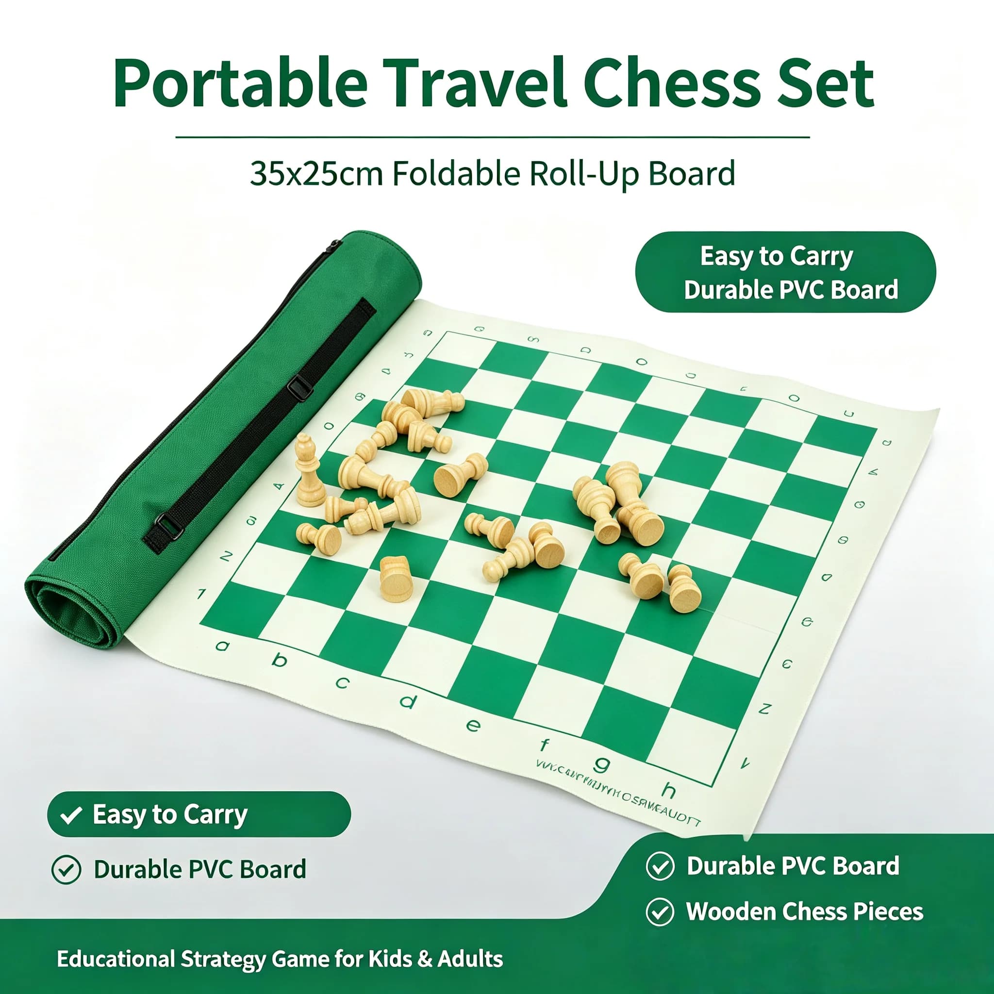 Portable Travel Chess Set 35x35cm, Foldable Roll-Up Chess Board with Green & White Wooden Pieces, Outdoor Family Board Game for