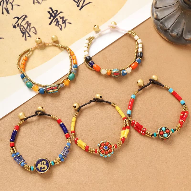 Ethnic Nepalese Gemstone Bracelets for Women Men Retro Tibetan Style Woven Rope Copper Bell Chain Exotic Jewelry Creative Gifts