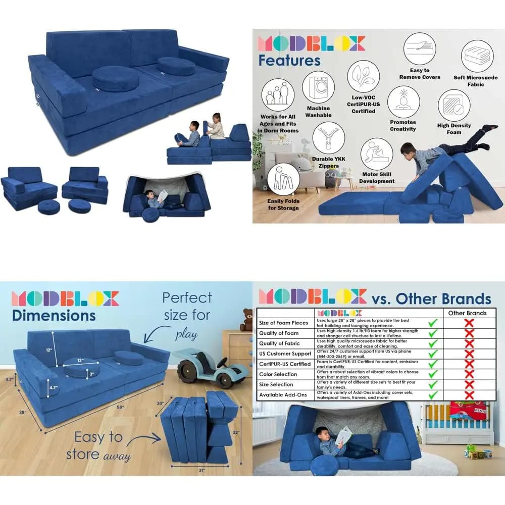 Set of Modular Sofas Soft for Children and Girls, Furnishing for Construction of Fortini in Room Games with Finished Leather Suede and High Density Convertible