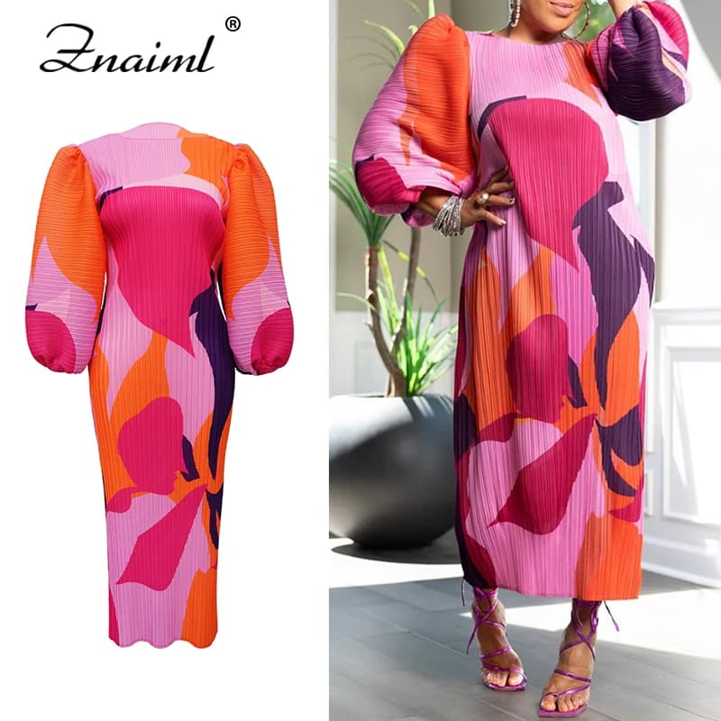 Znaiml O-Colle Long Sleeve Lantern Mid-Sleeved Dress Woman Print Patchwork Pleated Dress Evening Holiday Festival Birthday Vestes