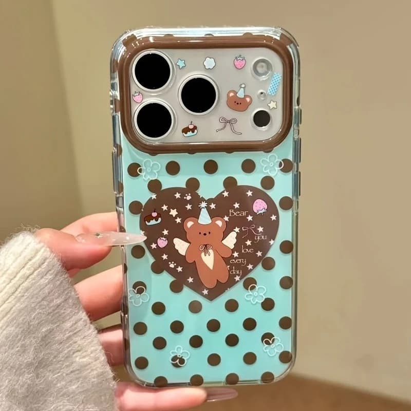 Brown Polka Dot Heart Bear Pattern Protection Phone Case For iPhone 17 Pro Max 17 Pro 16 15 14 13 12 11 Pro Max Shockproof Cover