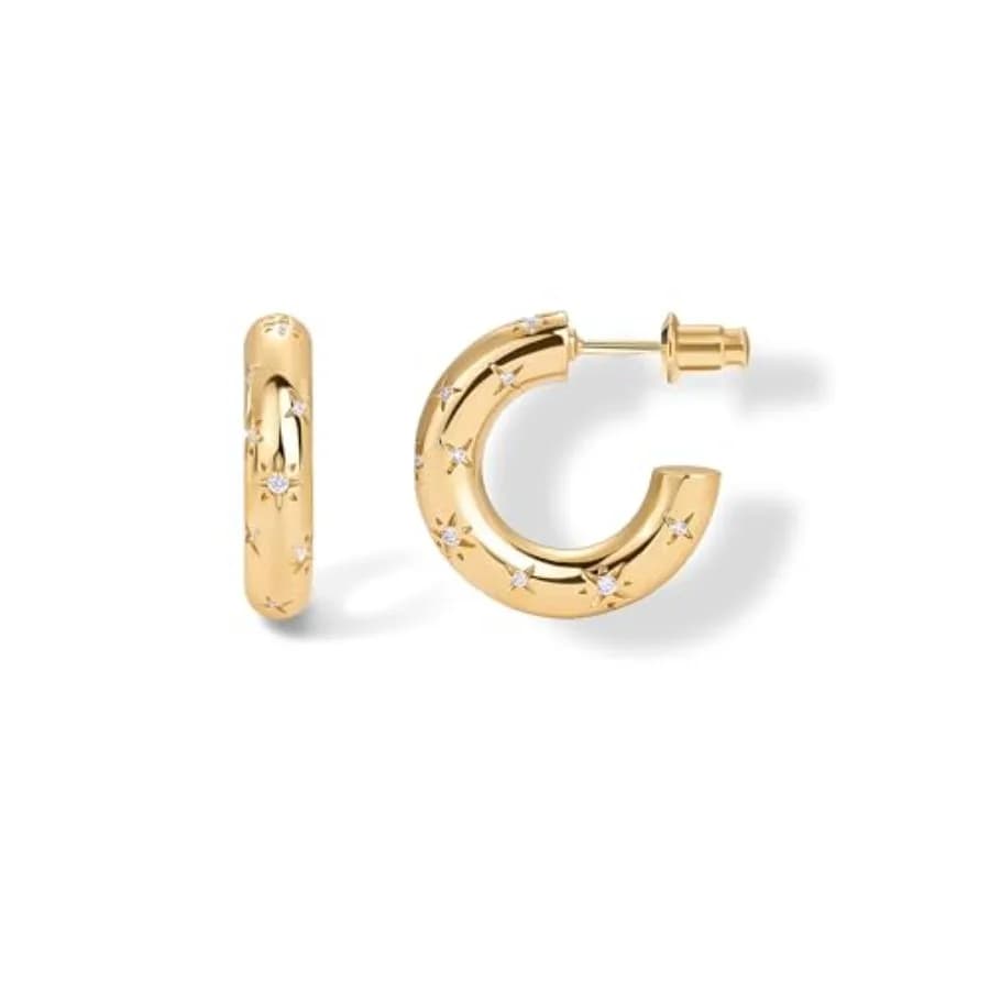 14K Gold Plated Star Shine Hoop Earrings for Women Cubic Zirconia Celestial Chunky Hoops Earrings