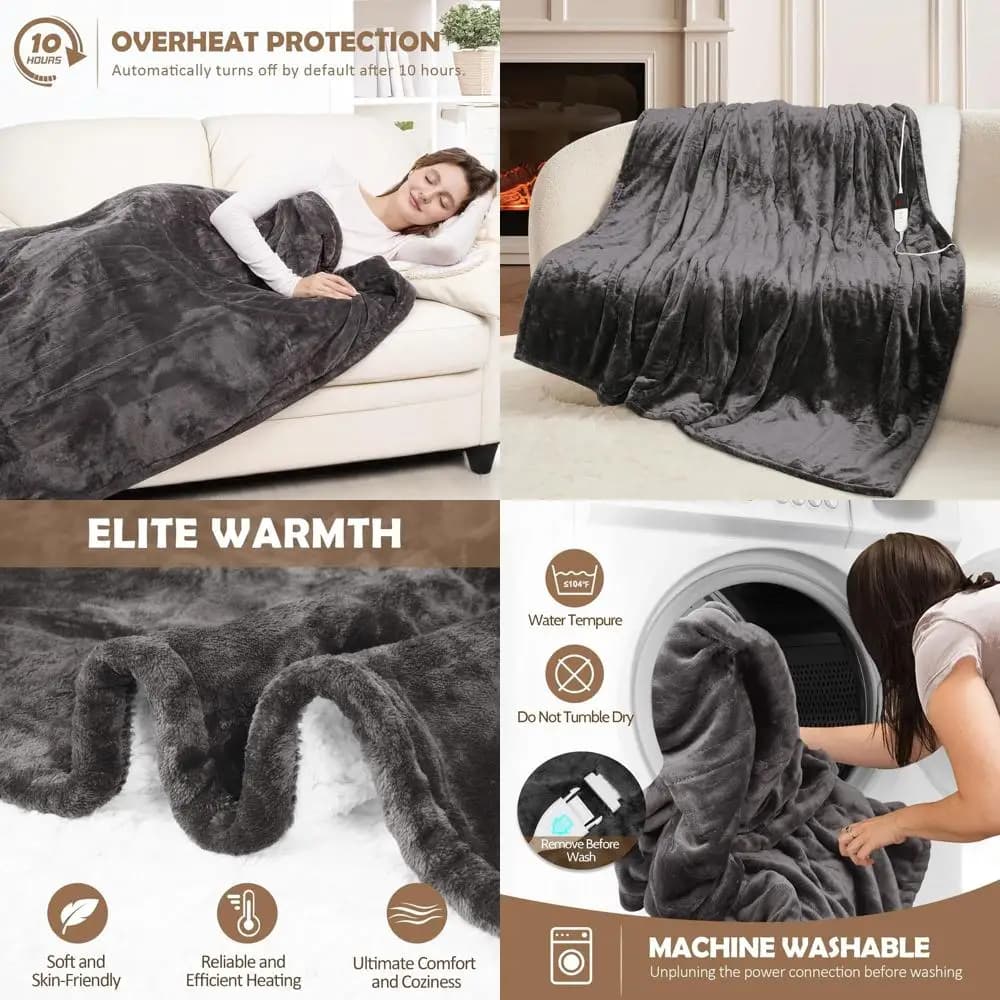 Coperta elettrica a grandezza naturale 72x84 con 10 timer e 6 livelli di calore, flanella Sherpa, protezione da surriscaldamento, certificata ETL, grigia