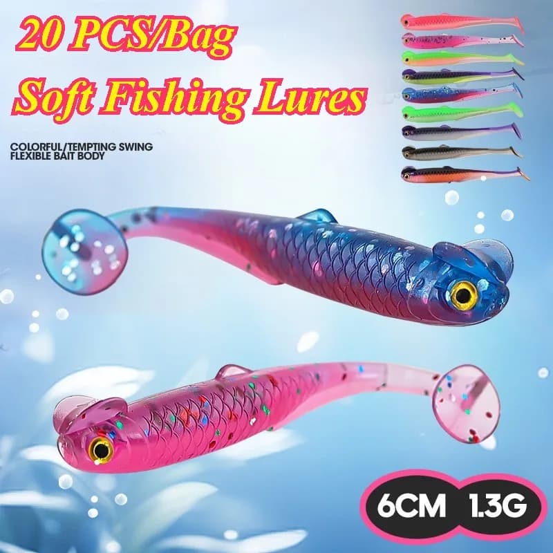 20PCS Esche da pesca 6cm 1.3g PVC Esca morbida T-Tail Swimbait Wobblers Affondamento lento Richiamo artificiale Luccio Bass Attrezzatura da pesca Pesca