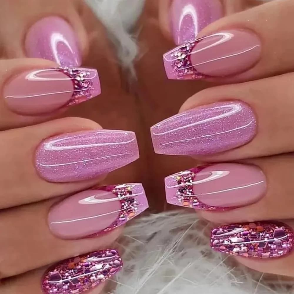 24 Pieces Fins Square Medium Court, Artificial Nails Glittered White, Silver Fin Nails French Style Total Cover, Nails Press-on