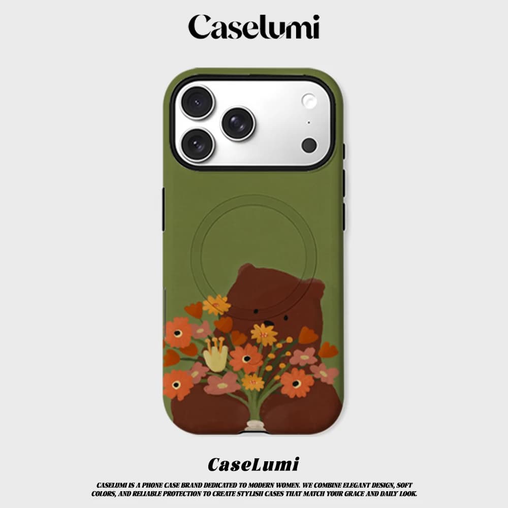CaseLumi Matte Bumper per Custodia MagSafe per iPhone 17 16 15 14 Plus 13 Pro Max, Cover Antiurto Rigida in PC Teddy Blooms