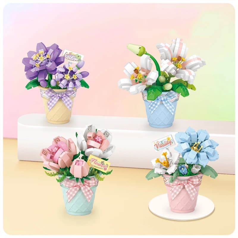 Office Desktop Decoration Micro Diamond Block Cartoon Succulent Potted Plants Building Brick Cactus Flower Construction Toys