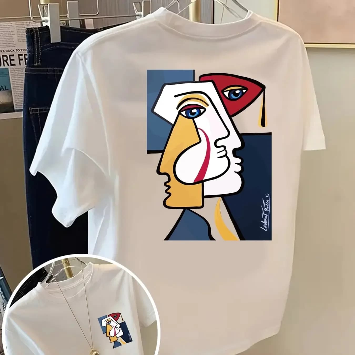 Men's Summer Casual Streetwear T-Shirt Abstract Cubism Face Back & Chest Print Cotton Top for Hangouts & Art Events