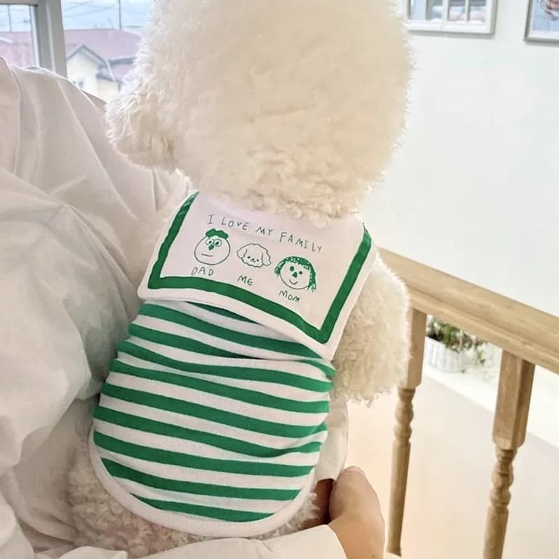 Green Striped Puppy T-shirt Pet Navy Collar Vest Cartoon Print Maltese Short Sleeved Breathable Clothes for Small Dog Cats