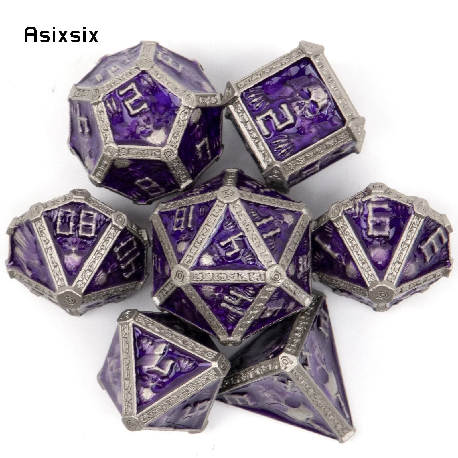 Set di 7 Dadi in Metallo a Forma di Teschio Viola e Argento, Dadi Poliedrici in Metallo Solido Adatti per Giochi di Ruolo, RPG, Giochi da Tavolo e Giochi di Carte