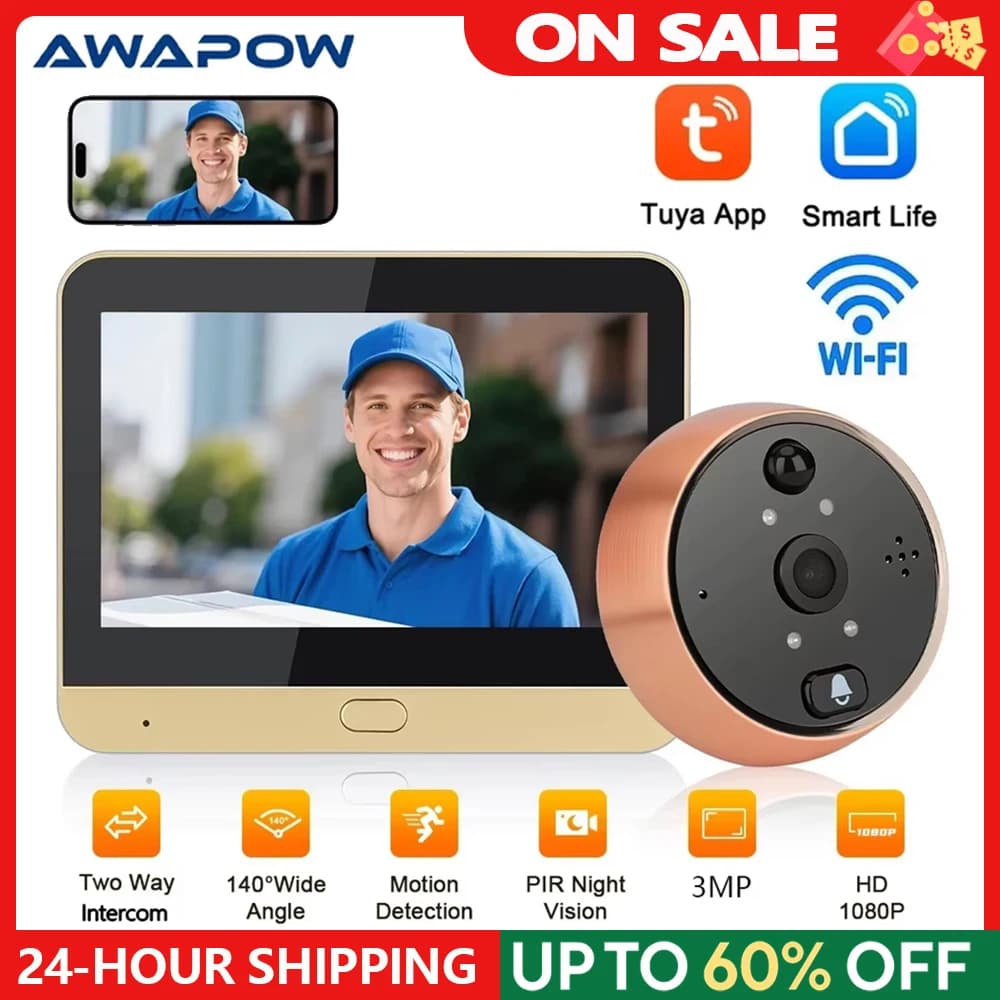 Awapow 3MP Tuya Spioncino Telecamere per porte Videocitofono Campanello Wifi Porta Occhio Telecamere digitali Rilevazione PIR Sicurezza domestica intelligente