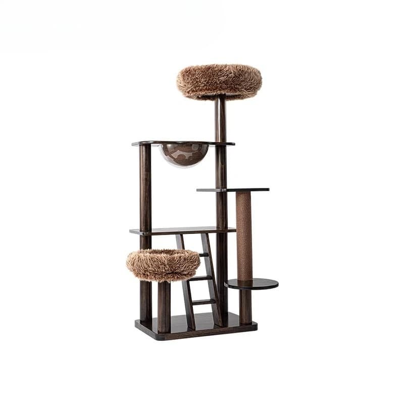 Lettiera per gatti albero per gatti integrato, colore noce nero, struttura per gatti in legno massello laccato