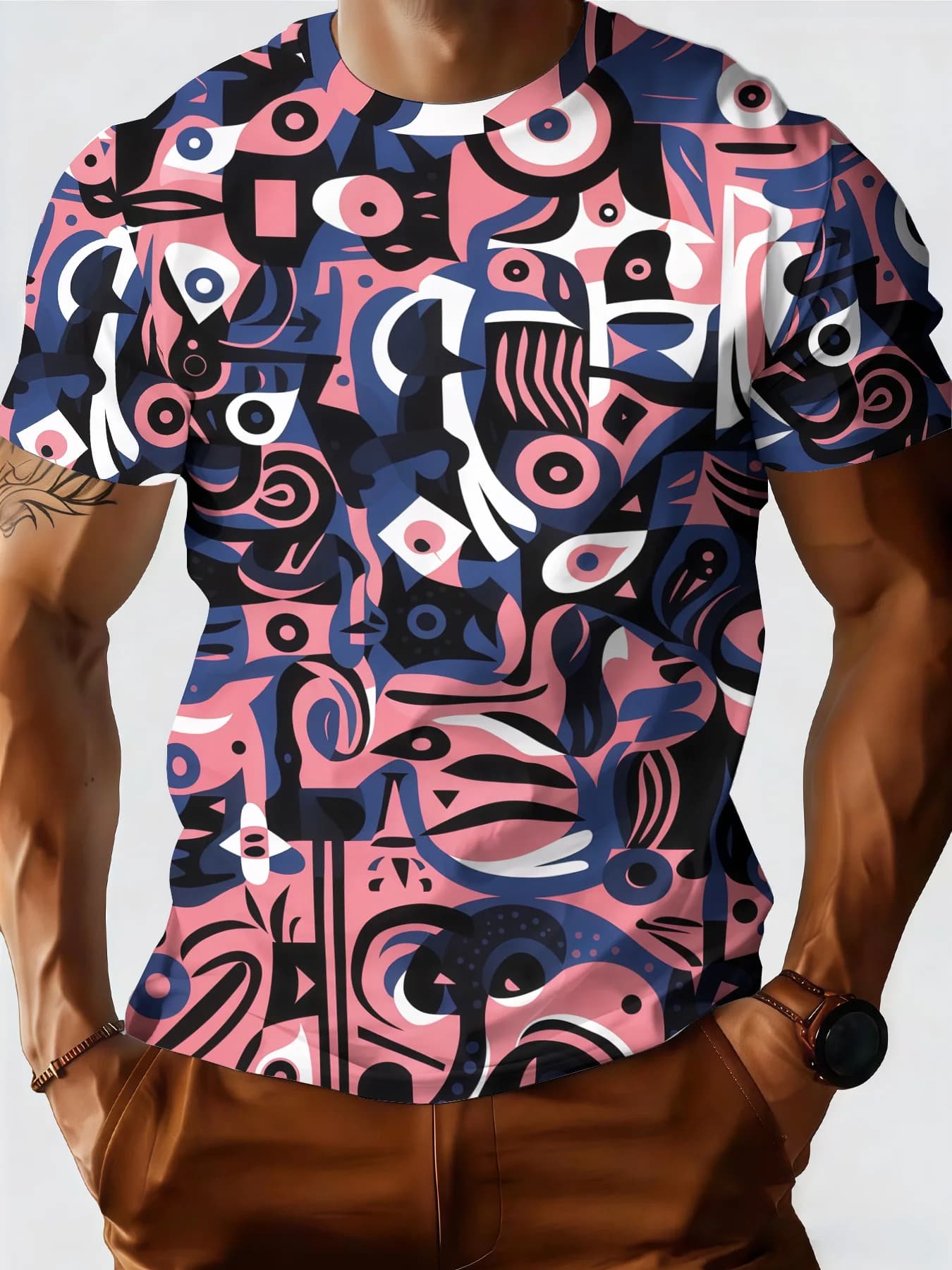 T-shirt da uomo firmata, nuova collezione estiva, con stampa astratta a forma di occhio, girocollo, manica corta, personalizzata, casual, top abbigliamento uomo