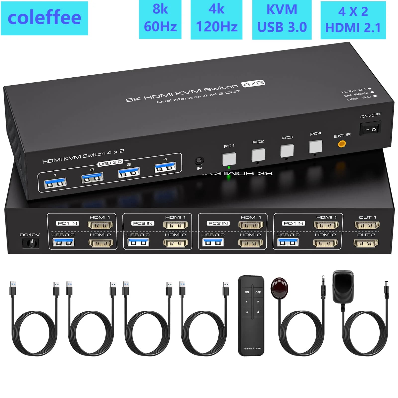 USB 3.0 KVM Switch 2 Monitors 4 Computers 8K60Hz,4K@60Hz 4 Port Dual Monitor HDMI KVM Switches for 4 PC Shared 4 USB 3.0 Devices