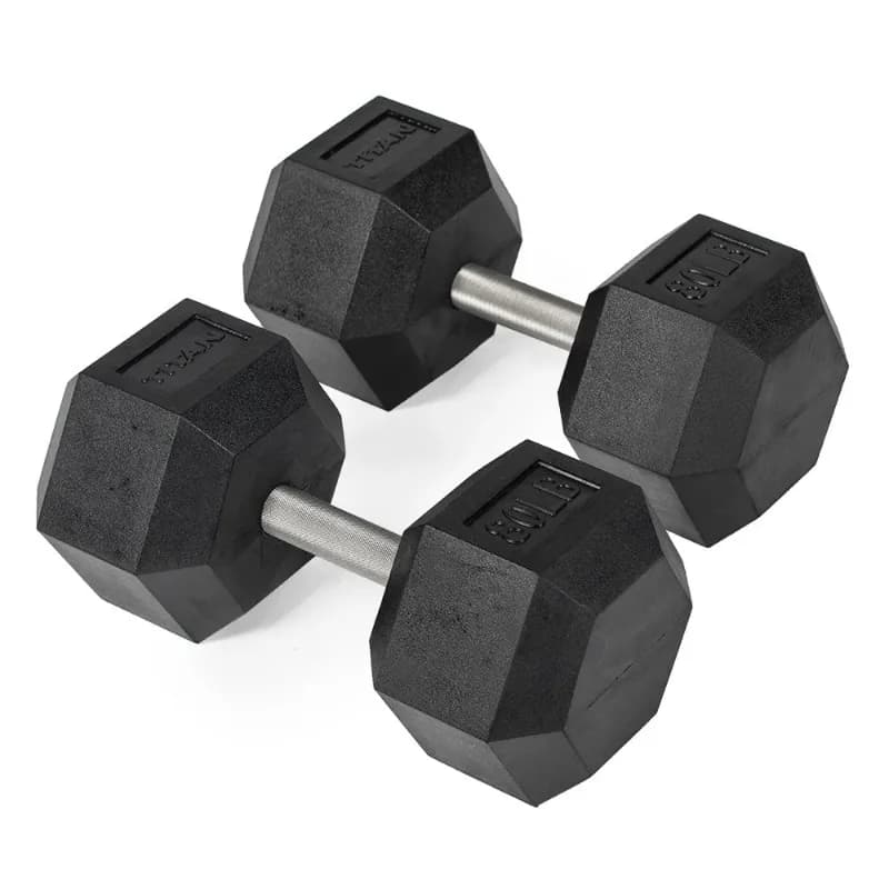 Large Fitness Equipment 80 LB Pair Free Weights, Black Rubber Coated Hex Dumbbell, Straigh