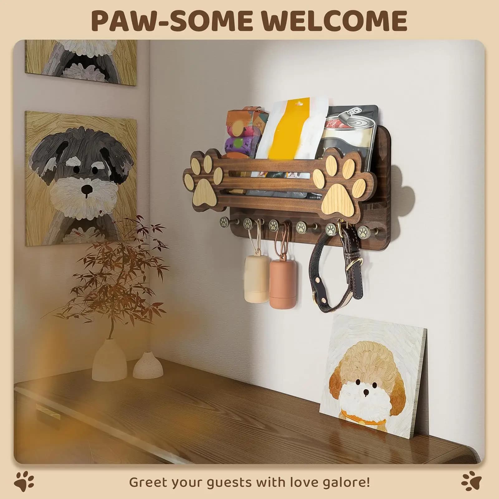 Appendiabiti per Guinzagli per Cani, Mensola Decorativa a Forma di Zampa con 6 Ganci, Organizzatore per Guinzagli per Cani per Ingresso, Soggiorno, Cucina