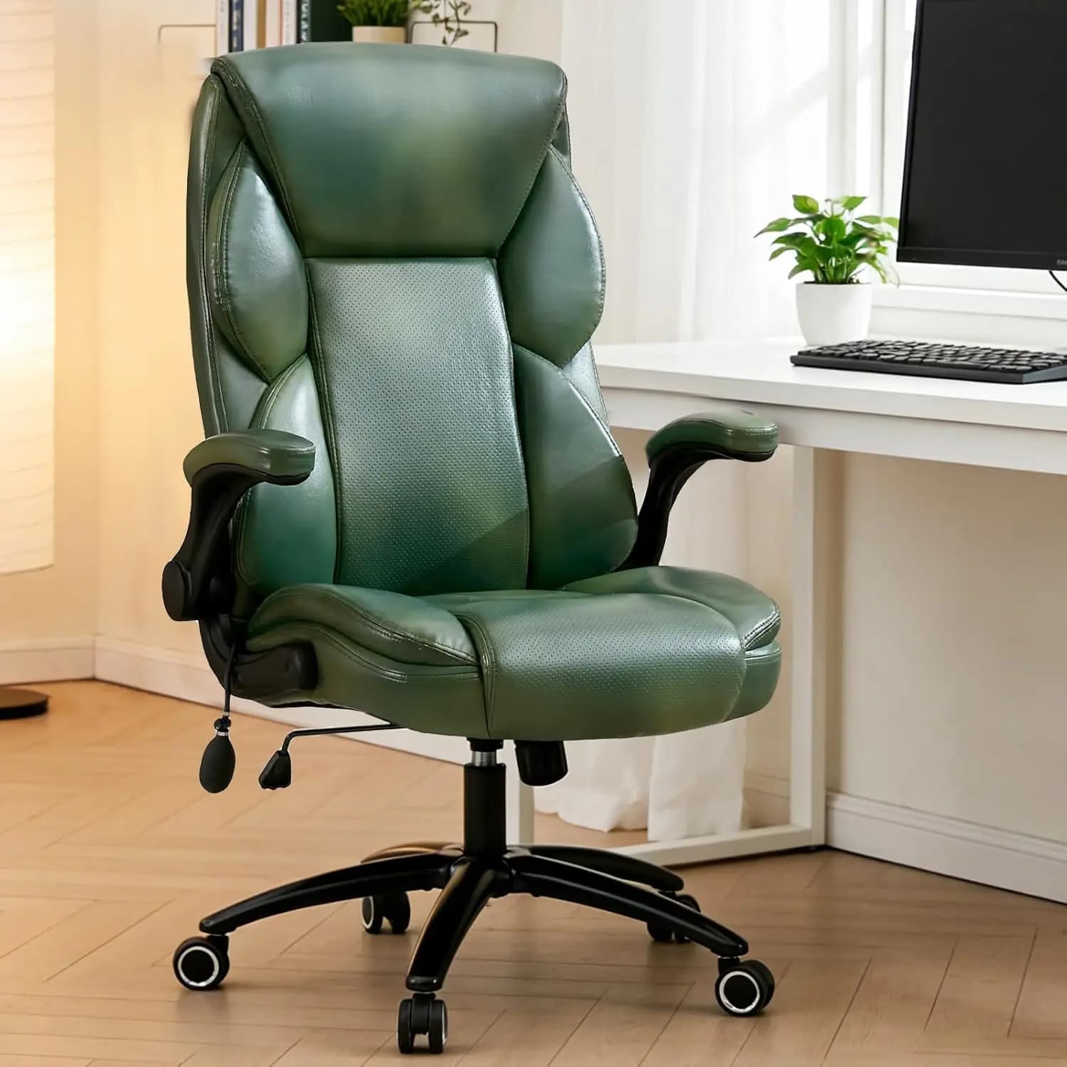 Sedia da Gaming Ergonomica in Pelle con Supporto Lombare, Ruote Scorrevoli, per Scrivania, Verde Personalizzabile