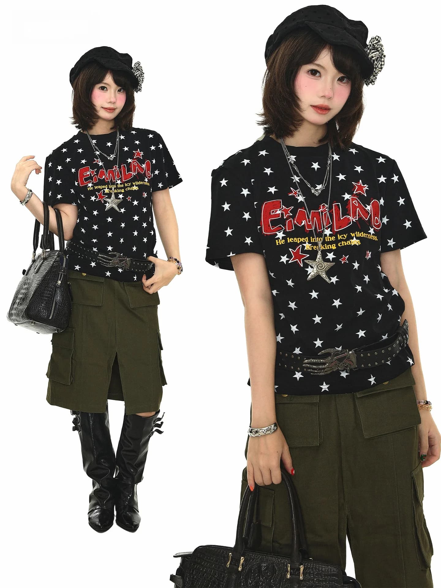 T-shirt Sanowers American Retro Star Letter Print a maniche corte da donna, estiva, ampia, che copre le spalle e snellisce la figura