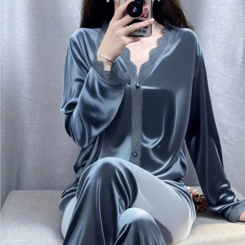 Pleuche Pigiama semplice con scollo a V Abito da notte primaverile e autunnale da donna Abbigliamento da casa invernale 2026 Nuovo abbigliamento per la casa in pizzo tinta unita