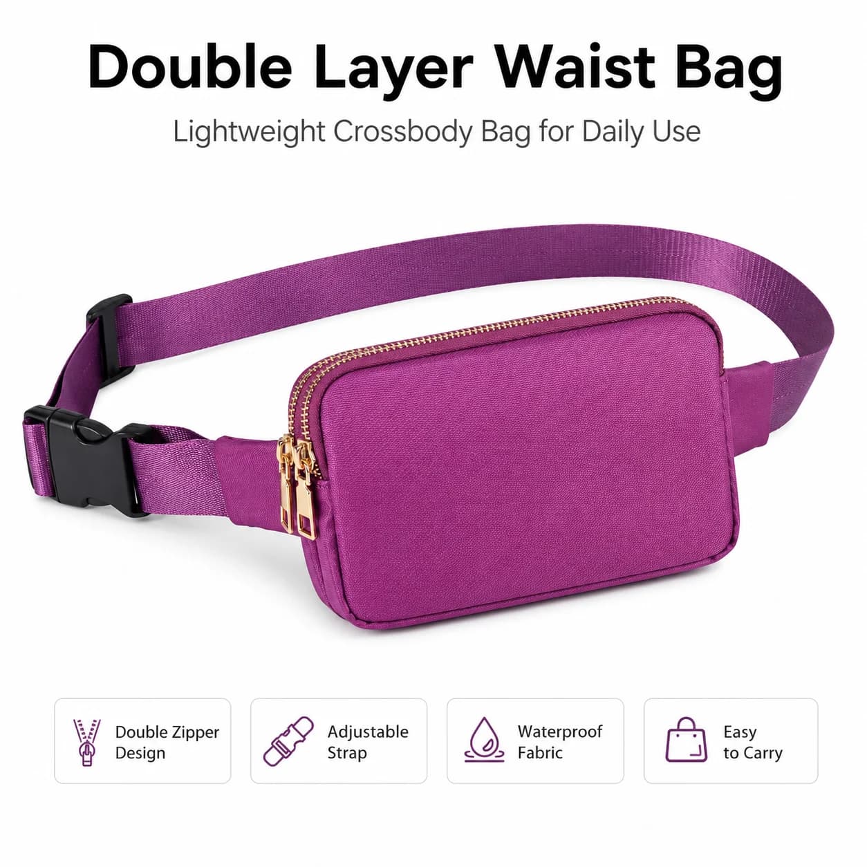 Borsa a tracolla alla moda con doppia cerniera, marsupio piccolo, tracolla regolabile, leggera, per lo stile street