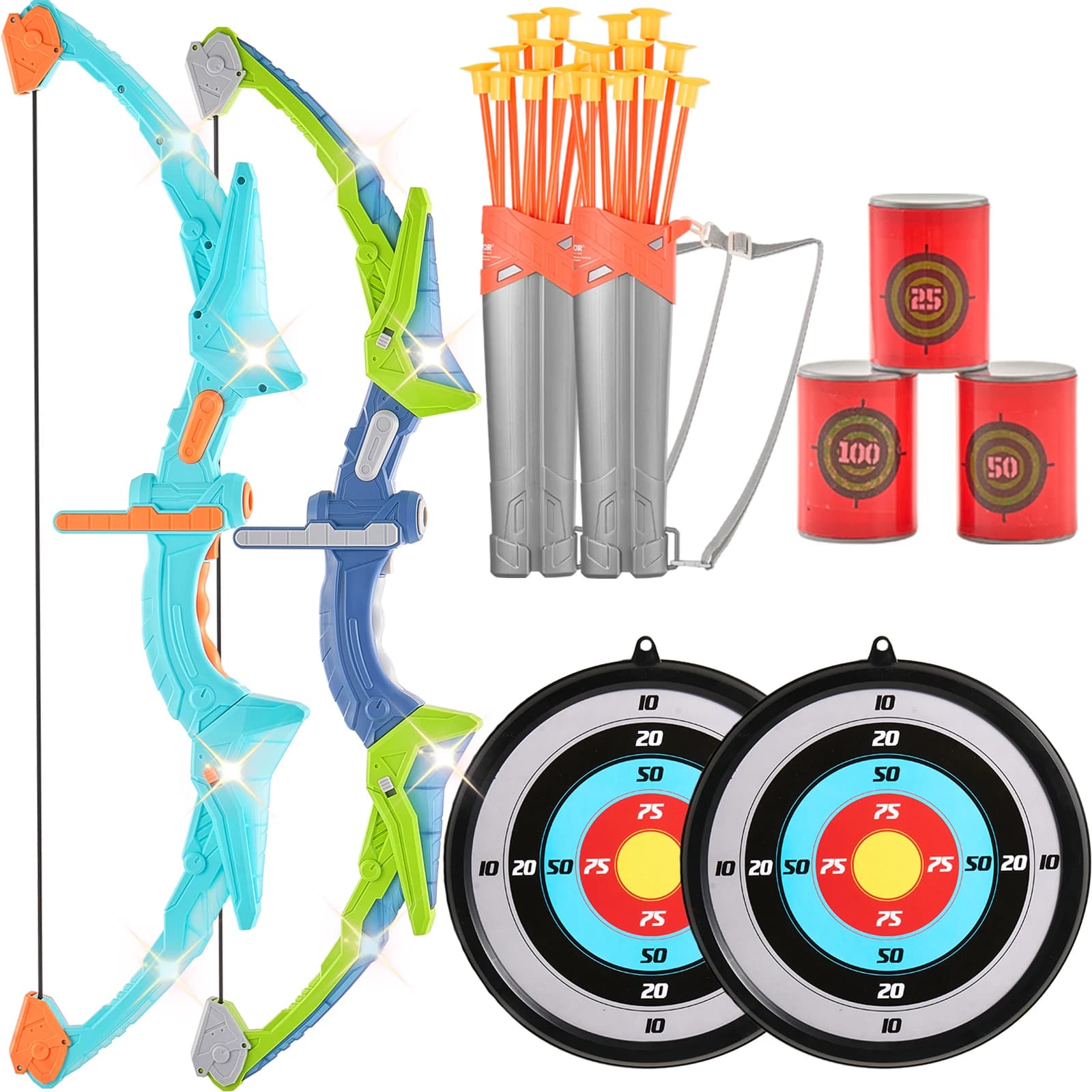 SucceBuy Set di arco e frecce per bambini Set di giocattoli per tiro con l'arco con illuminazione a LED con frecce a ventosa 10/20 Bersaglio e quantità per bambini dai 4 ai 12 anni