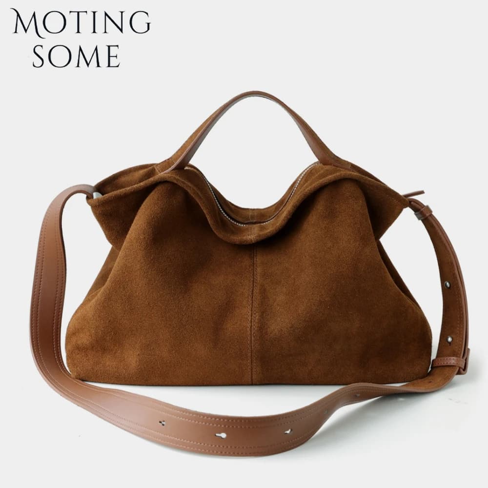Motingsome Natural Suede Leather Handbag Women Roomy Shoulder Handbag and Purse Lazy Style Soft Matte Cowhide Tote Bags New In