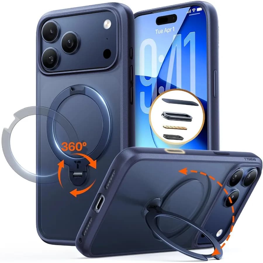 Custodia protettiva per telefono di grado militare blu intenso con supporto magnetico brevettato a 360 gradi e cavalletto con anello integrato per iPhone 1