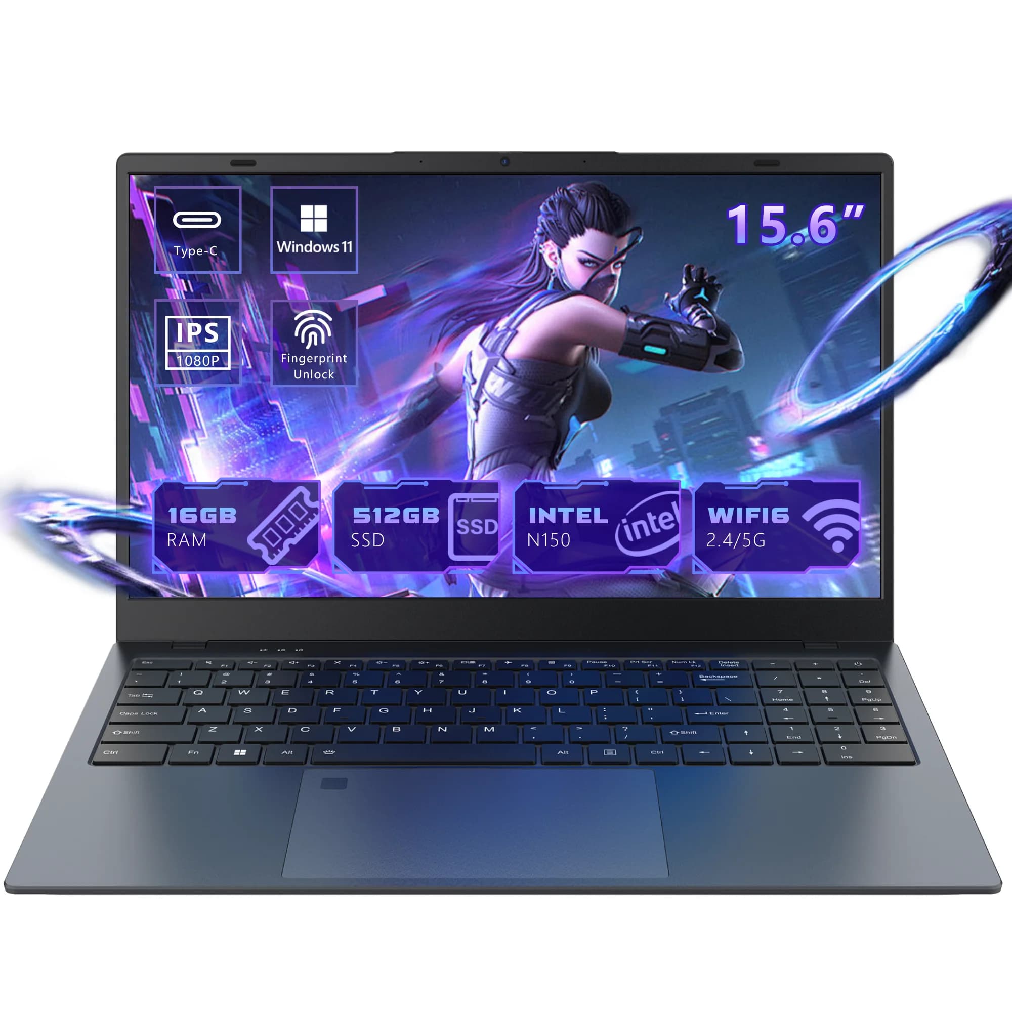 Ningmei HustleForge Laptop Windows da 15,6 Pollici, Intel N150, 16GB RAM, 512GB SSD, Wifi6, Bluetooth 5.2, Display IPS FHD 1080P, Lettore di Impronte Digitali