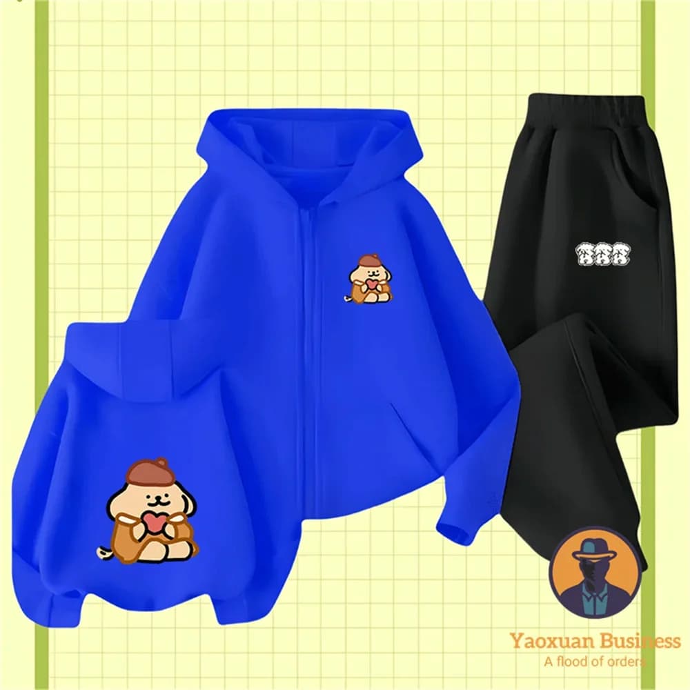 Set Felpa con Cappuccio e Zip in Puro Cotone con Stampa Anime Disegnata a Linee 2026 per Ragazzi e Ragazze, Outfit Casual Quotidiano Autunno Inverno