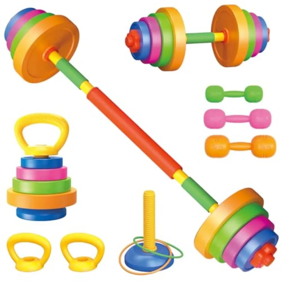 Set di Pesi per Esercizi, Attrezzatura per Allenamento con Bilanciere e Manubri per Bambini, Gioco di Imitazione Sollevamento Pesi, Fitness Regolabile da Riempire con Sabbia